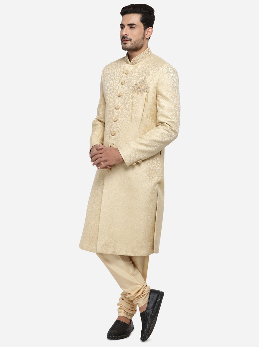 Crafted for comfort, this light golden Sherwani is designed to elevate your ensemble for any formal occasion.