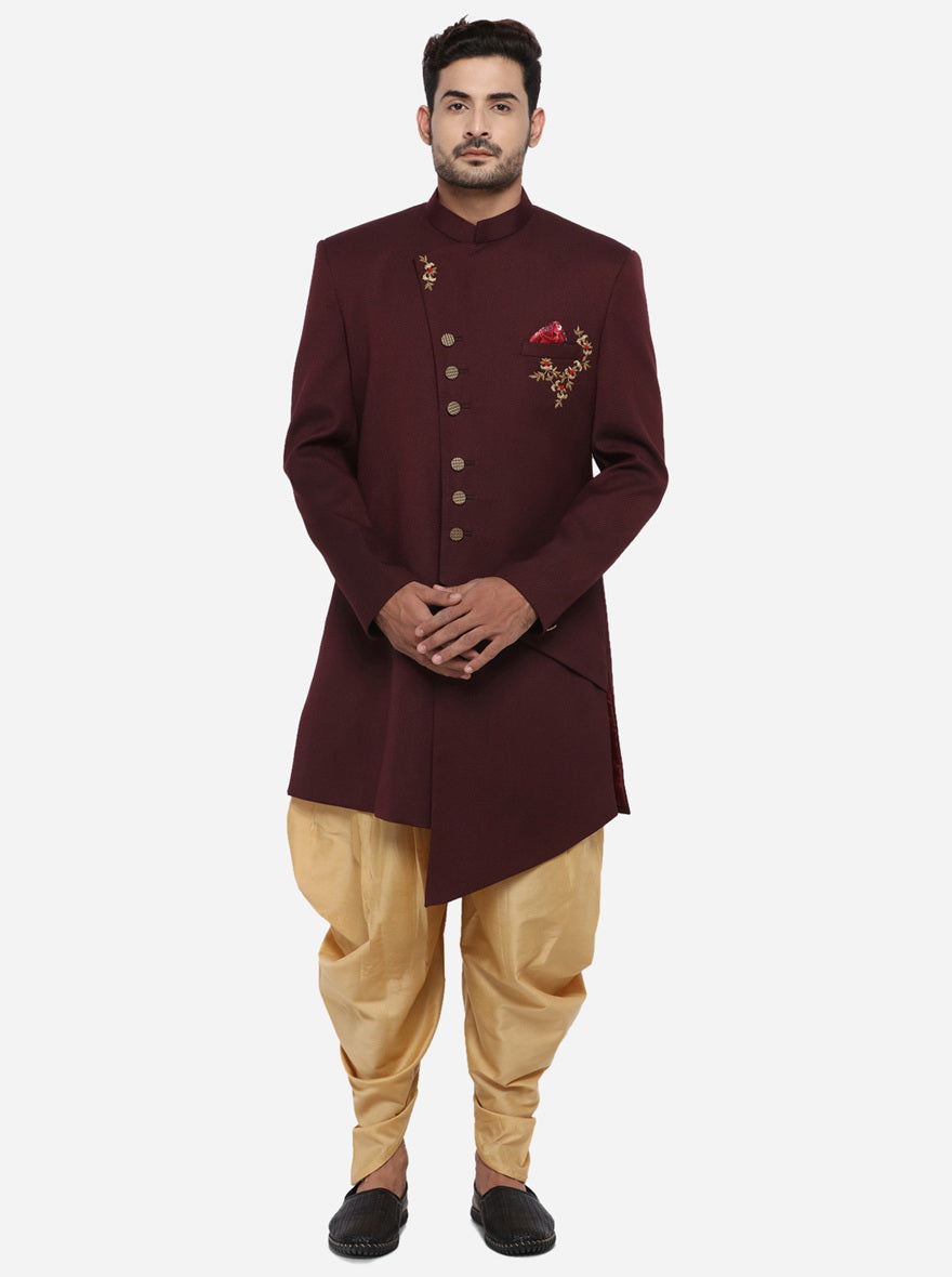 Stylish Dark Wine men's Indo Western outfit in lightweight silk jute.