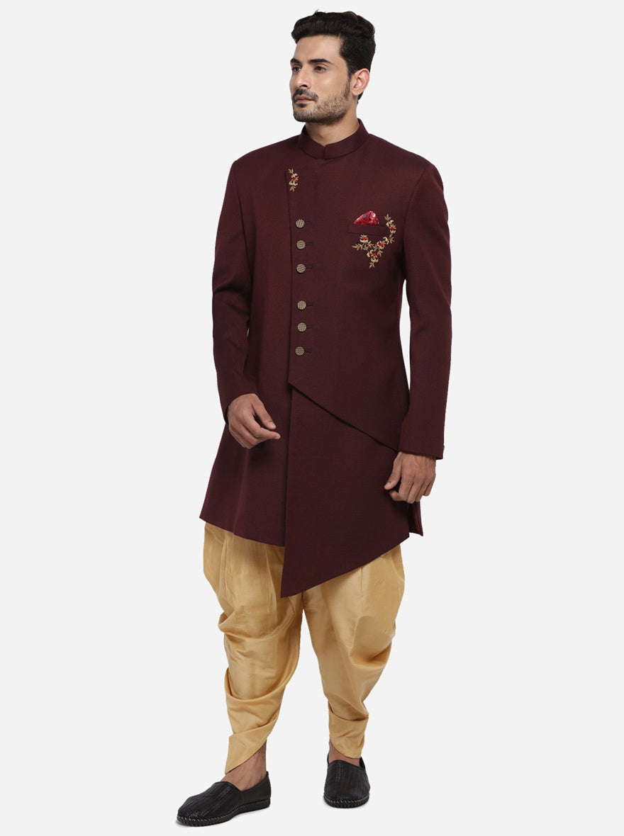 Dark Wine Indo Western mid-length jacket for men's formal ethnic wear.