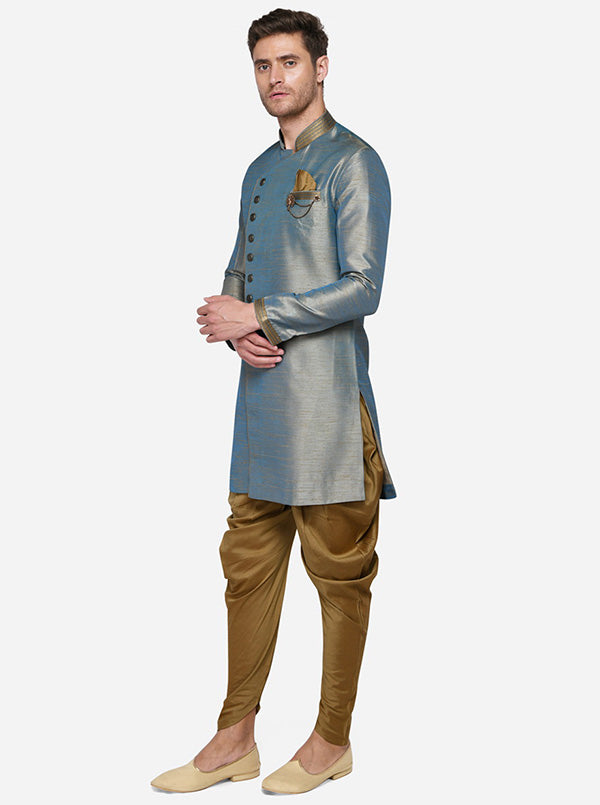 This blue and golden semi indo-western outfit combines modern design with traditional elegance for any occasion.