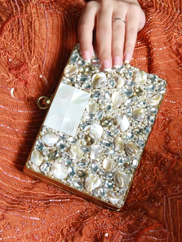 Saba Embellished Brass Clutch | Elegant Mother of Pearl and Stone Handbag