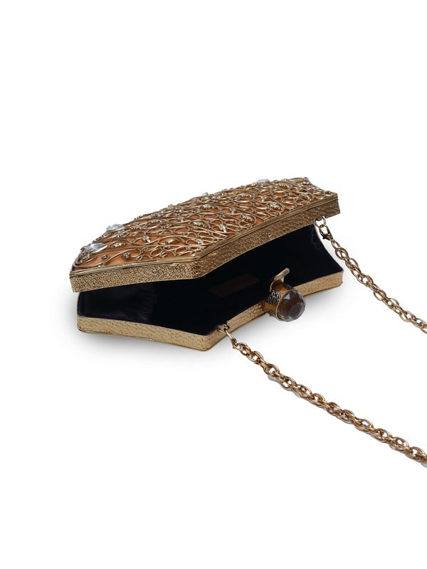 Nitya Intricate Embellished Brass Clutch | Timeless Beauty Evening Bag