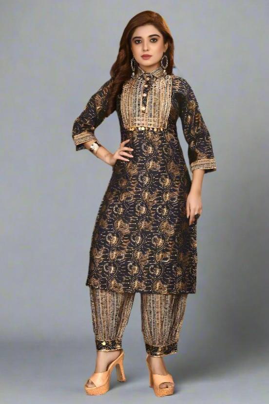 Stylish brown fabric kurti and Afghani pant set for women, perfect for chic and comfortable ethnic wear.