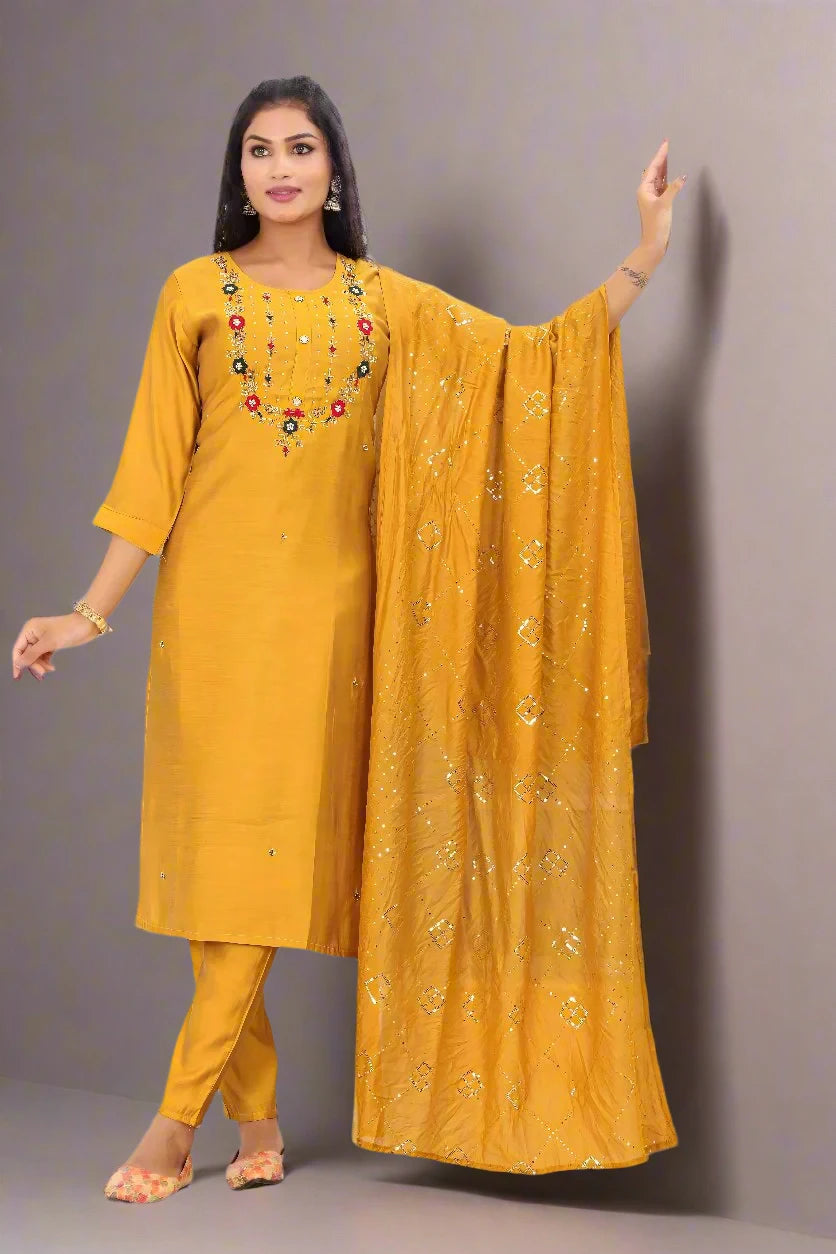 Elegant yellow kurta pant dupatta set in Masleen fabric, perfect for festive occasions.