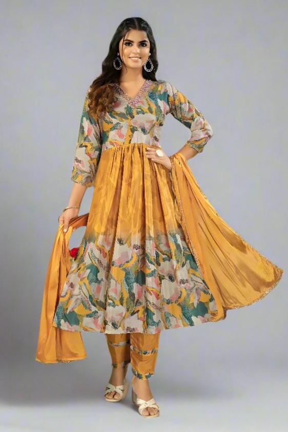 Stunning yellow Nyra kurti pant dupatta set made from elegant Chinon fabric, perfect for festive occasions.