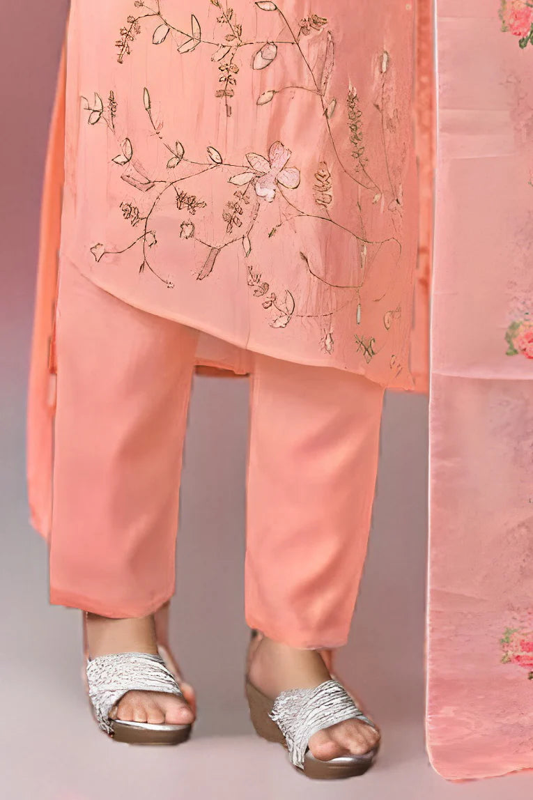 Peach kurta pant dupatta set showcasing exquisite Roman silk, perfect for festive gatherings and events.