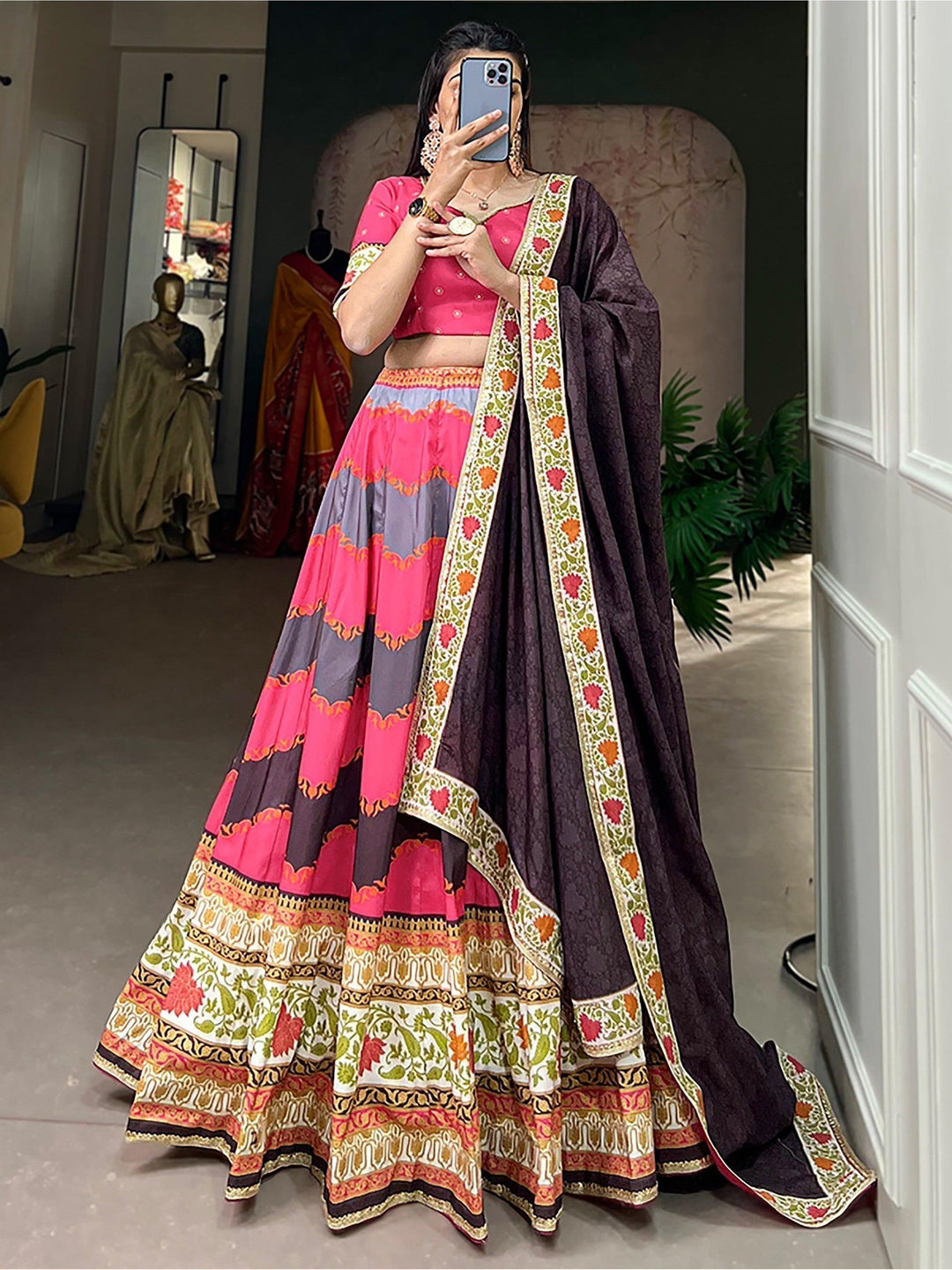 Full-Stitched Pink Lehenga Choli | Digital Print & Brown Silk Dupatta