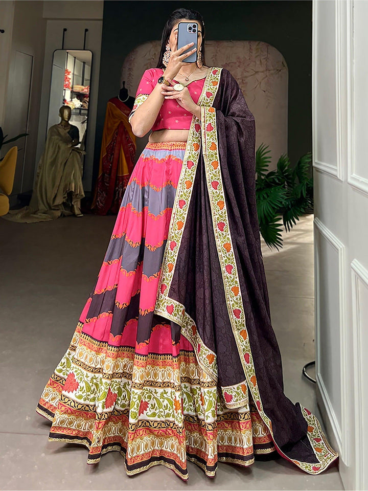 Full-Stitched Pink Lehenga Choli | Digital Print & Brown Silk Dupatta