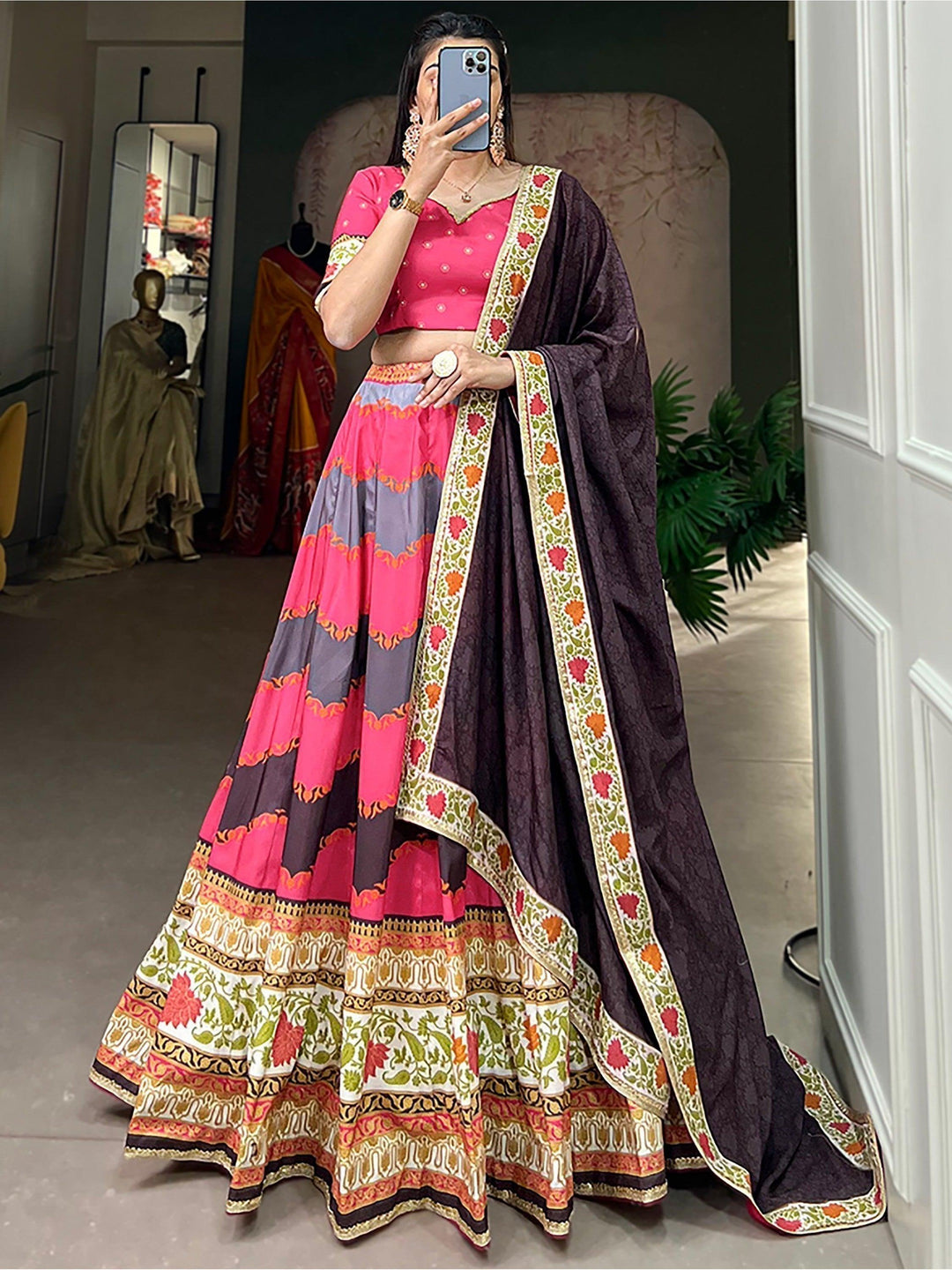 Full-Stitched Pink Lehenga Choli | Digital Print & Brown Silk Dupatta