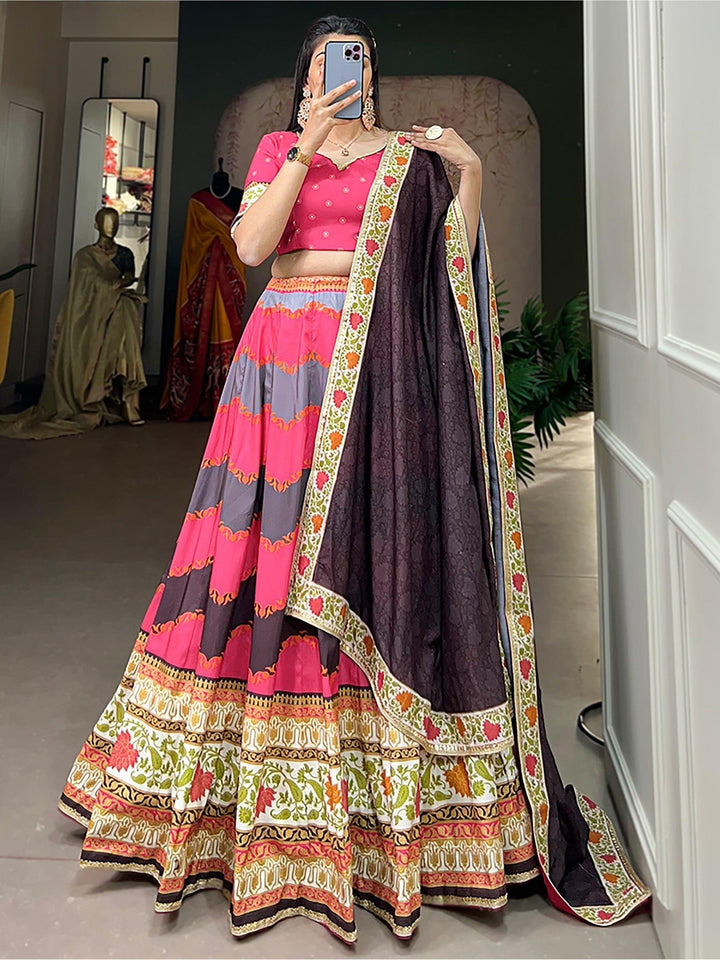 Full-Stitched Pink Lehenga Choli | Digital Print & Brown Silk Dupatta