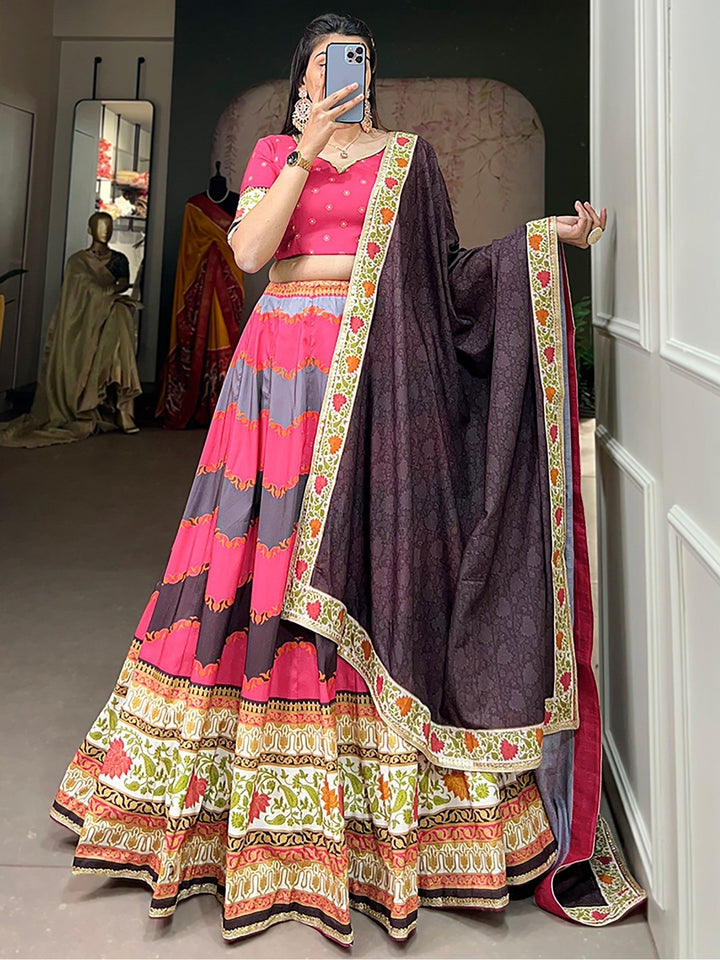 Full-Stitched Pink Lehenga Choli | Digital Print & Brown Silk Dupatta