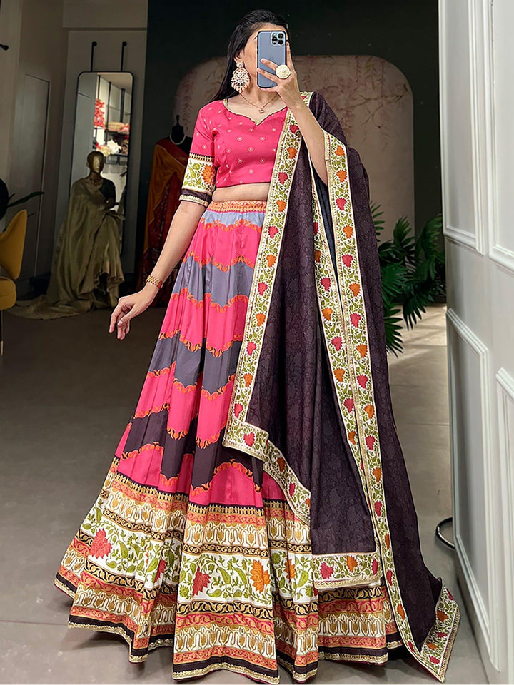 Full-Stitched Pink Lehenga Choli | Digital Print & Brown Silk Dupatta