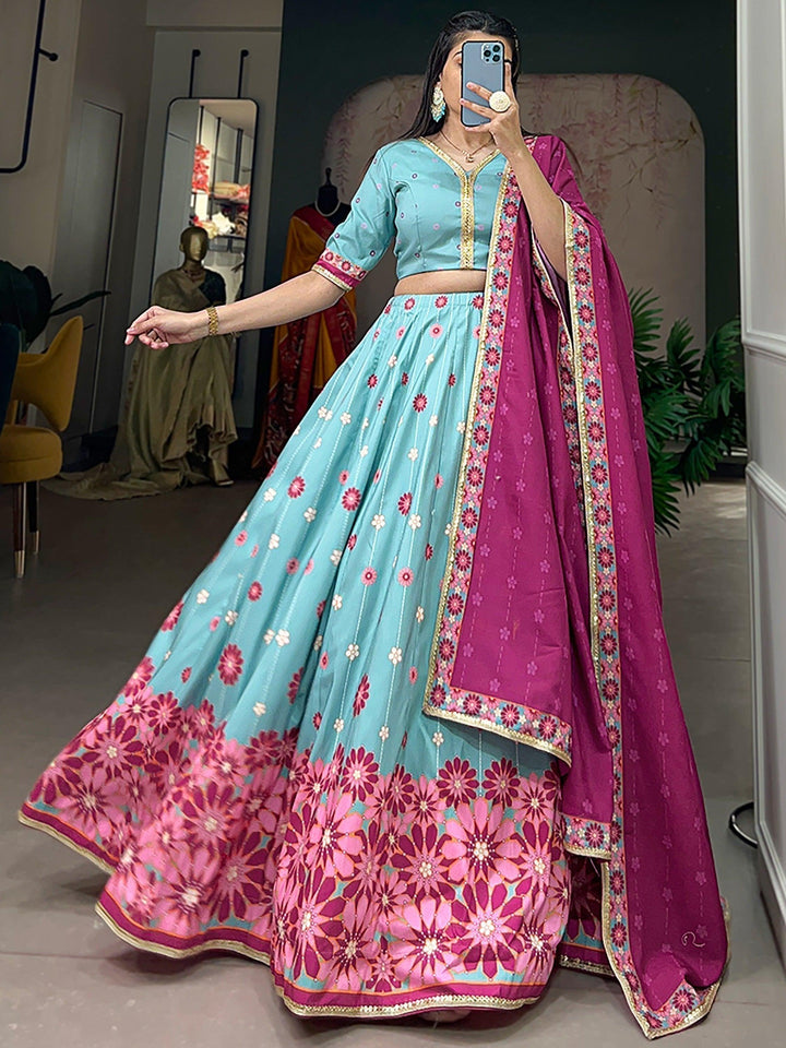 Captivating Sky-Blue Lehenga Choli | Silk Fabric & Pink Dupatta