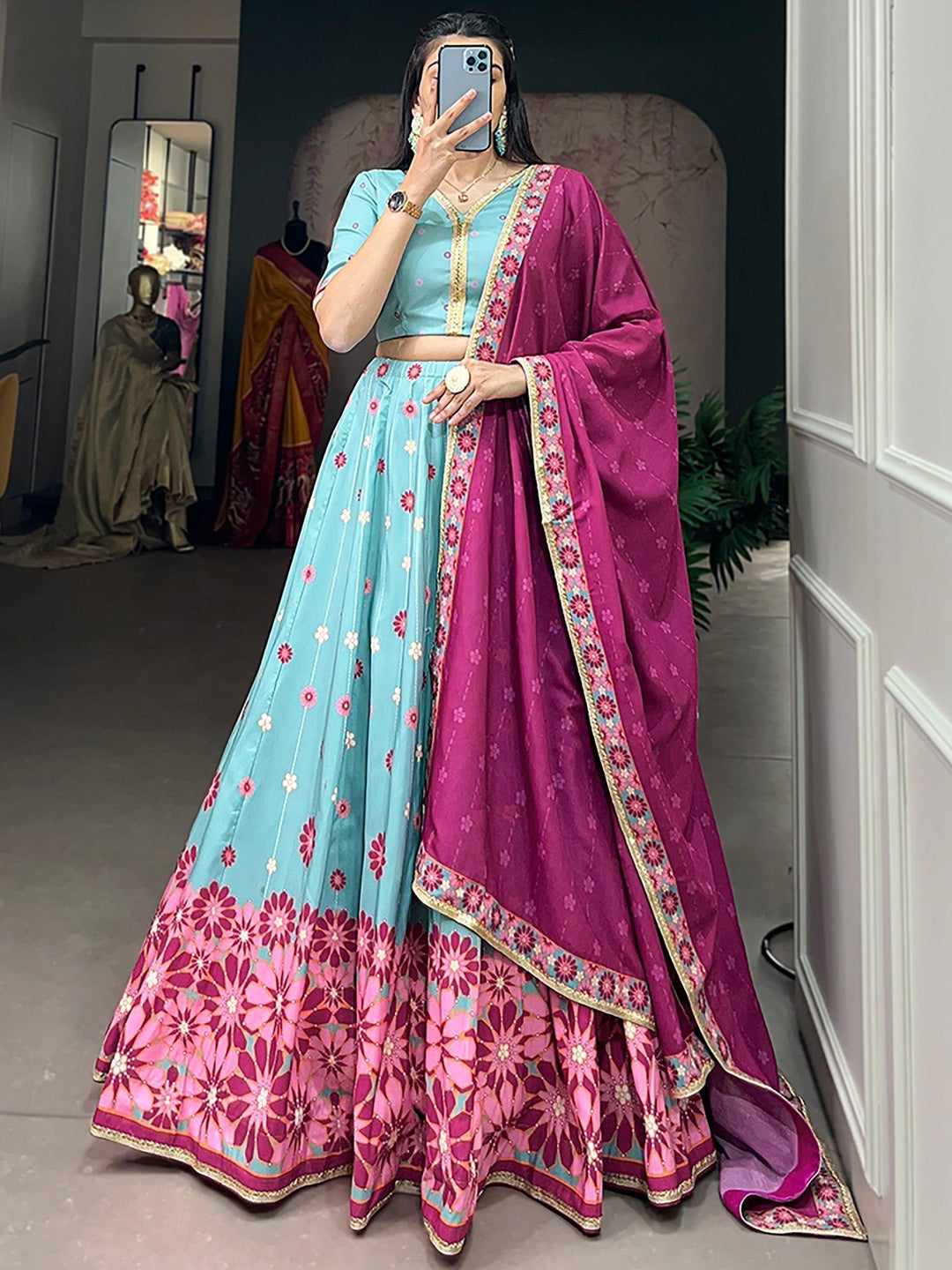 Captivating Sky-Blue Lehenga Choli | Silk Fabric & Pink Dupatta