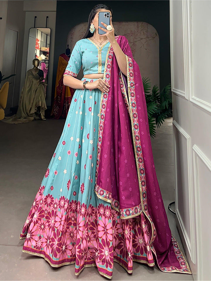 Captivating Sky-Blue Lehenga Choli | Silk Fabric & Pink Dupatta