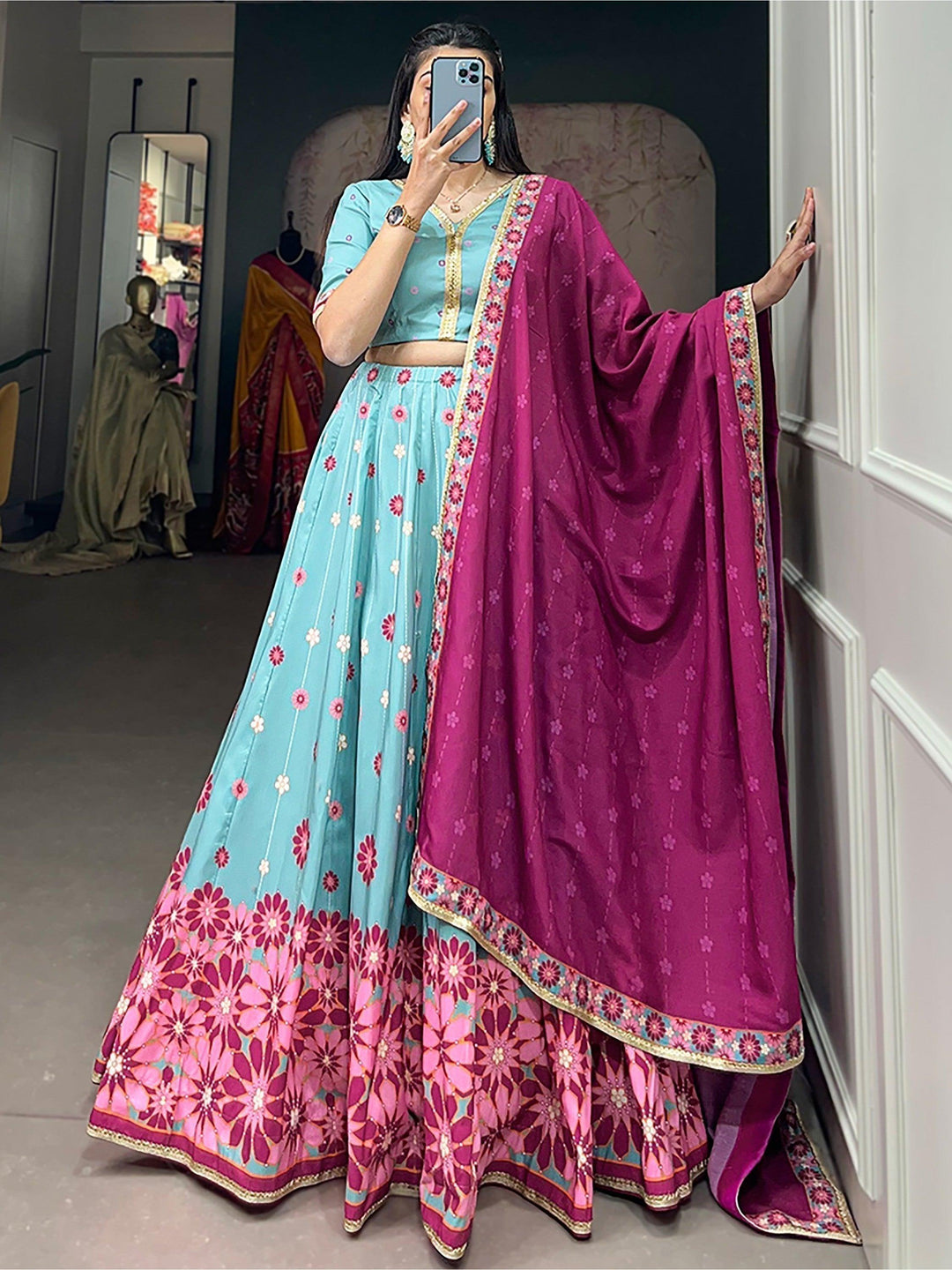 Captivating Sky-Blue Lehenga Choli | Silk Fabric & Pink Dupatta