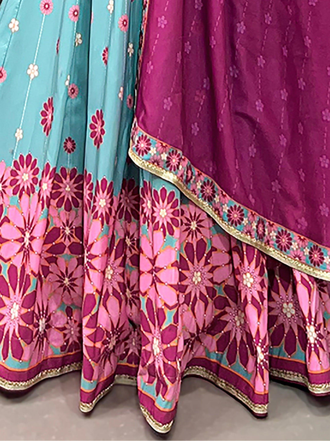 Captivating Sky-Blue Lehenga Choli | Silk Fabric & Pink Dupatta