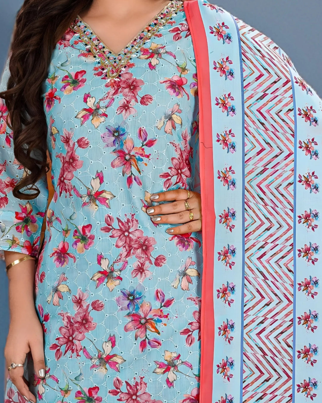 Trendy blue kurta with pant and dupatta set, crafted from lightweight schiffli fabric for festive wear.