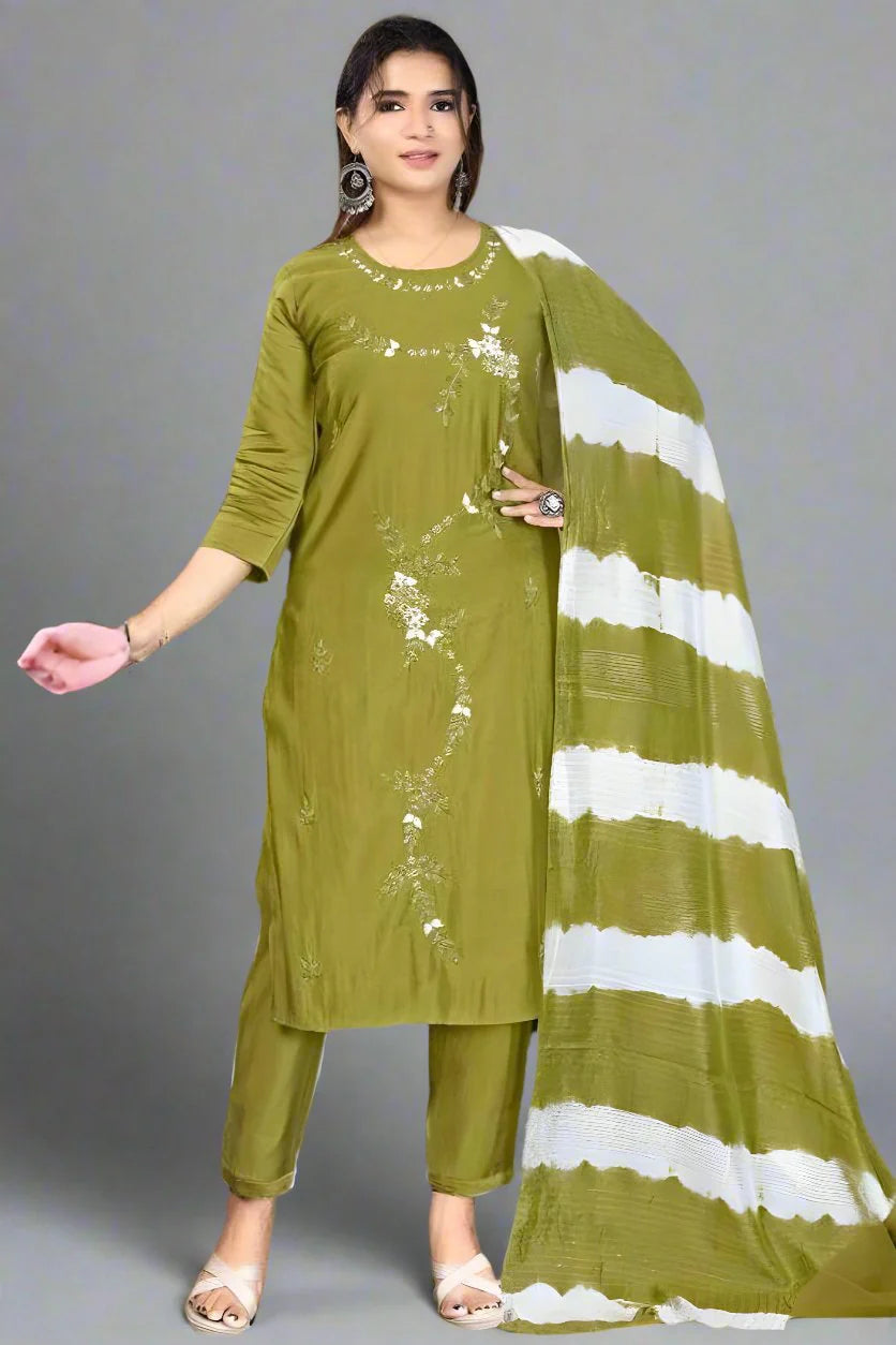 Elegant green kurta pant dupatta set with dupatta, made from soft Roman silk for festive wear.