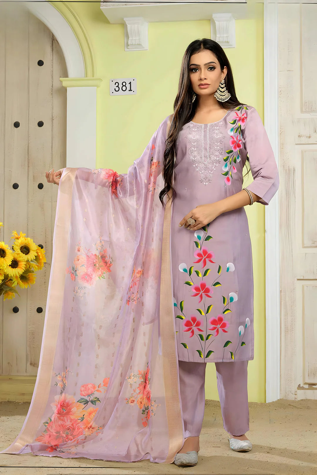 Lavender kurta pant dupatta set made from luxurious Roman silk fabric.