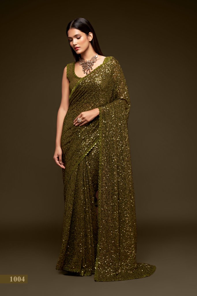 A chic olive saree with intricate sequins embroidery, perfect for adding glamour to your traditional Indian sari collection.