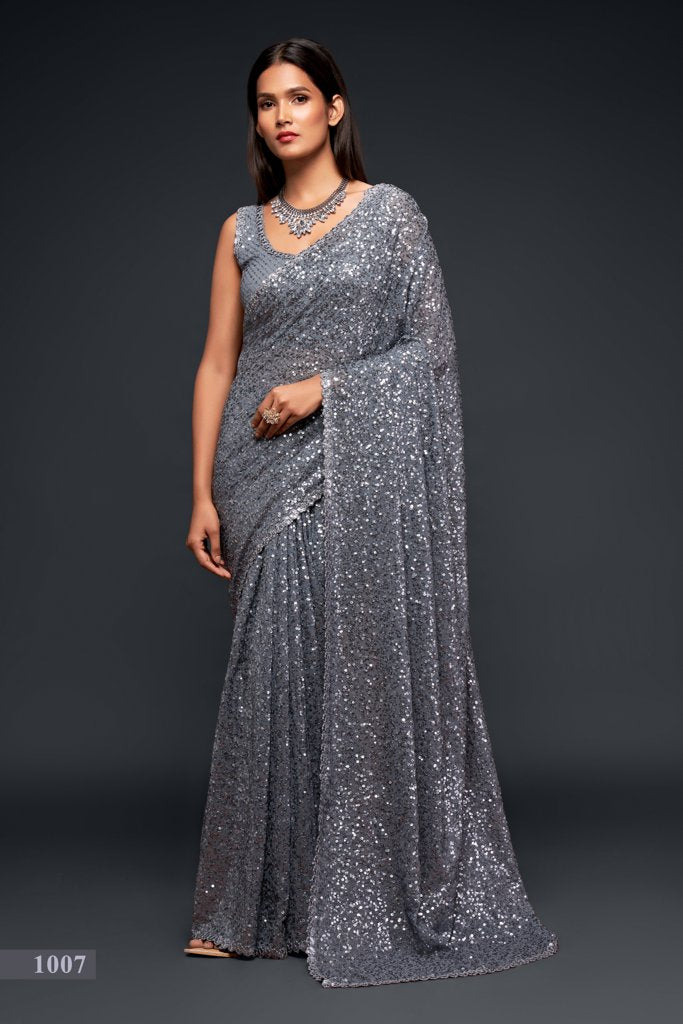 A chic grey faux georgette saree with intricate sequins embroidery, ideal for modern celebrations and as a designer saree.