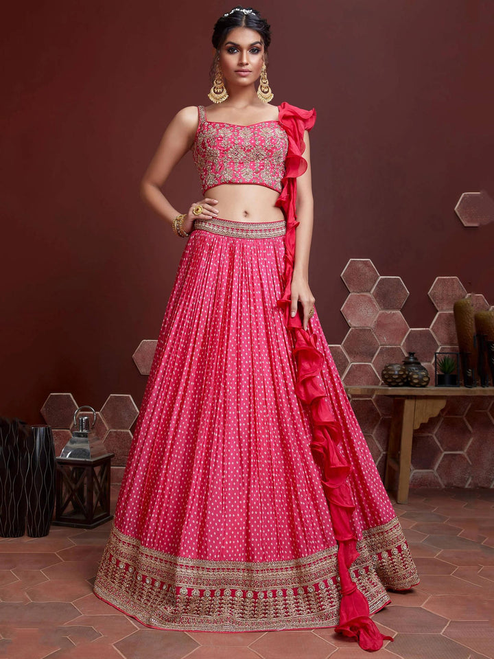 Pink digital printed lehenga choli with chinon silk and embroidery.