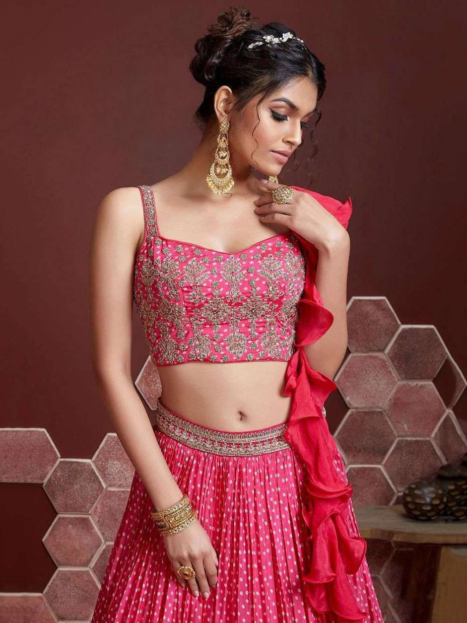 Elegant pink chinon silk lehenga with digital print and embroidery.