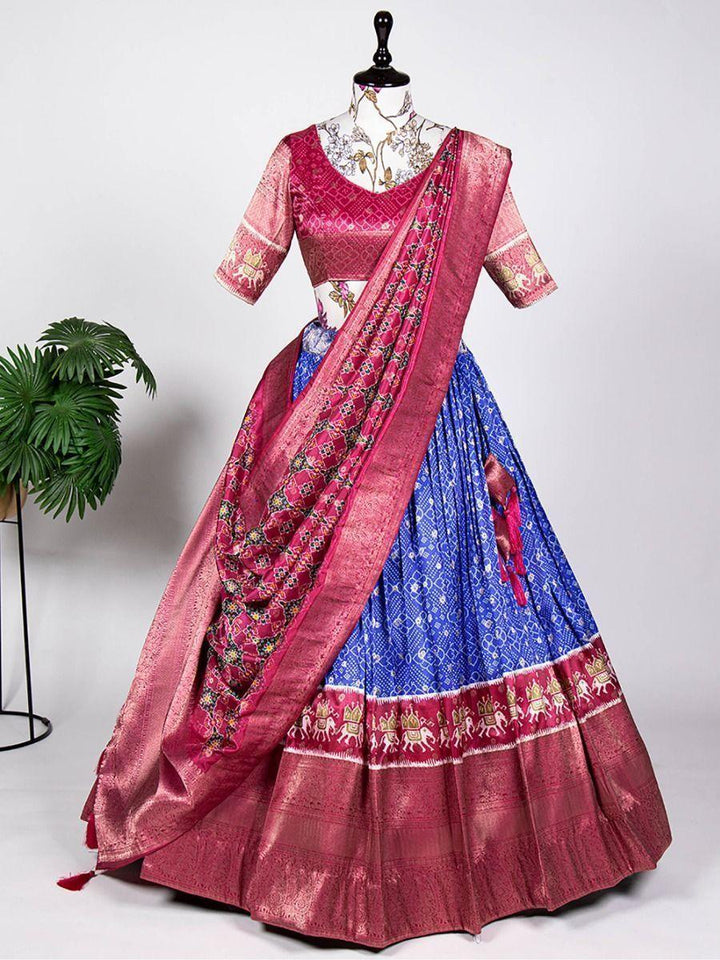 Magnetic Blue Jacquard Silk Lehenga | Digital Print Wedding Wear Set