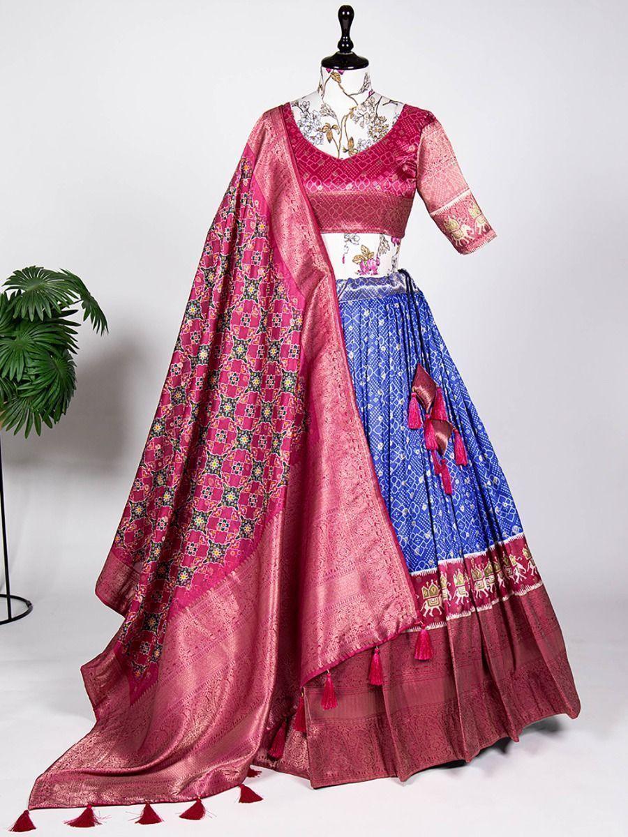 Magnetic Blue Jacquard Silk Lehenga | Digital Print Wedding Wear Set