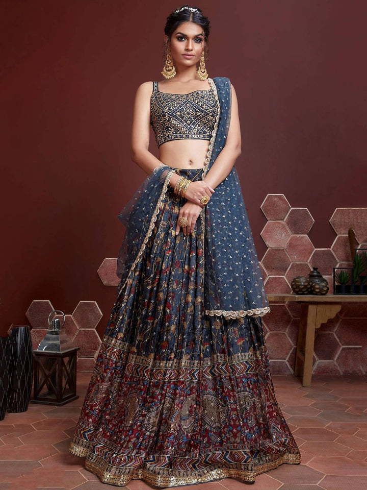 Blue digital printed lehenga choli with chinon silk and embroidery.