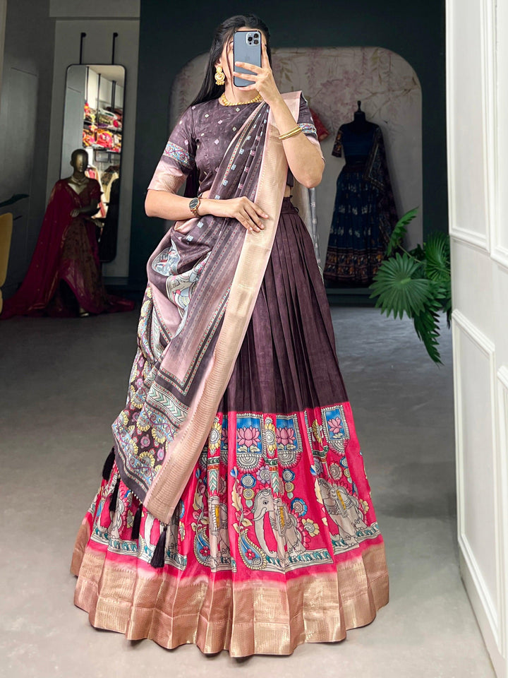 Marvelous Burgundy Kalamkari Printed Dola Silk Lehenga Choli