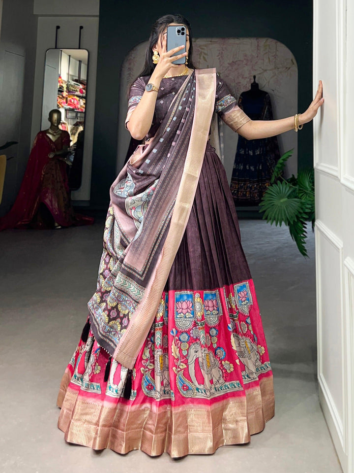 Marvelous Burgundy Kalamkari Printed Dola Silk Lehenga Choli