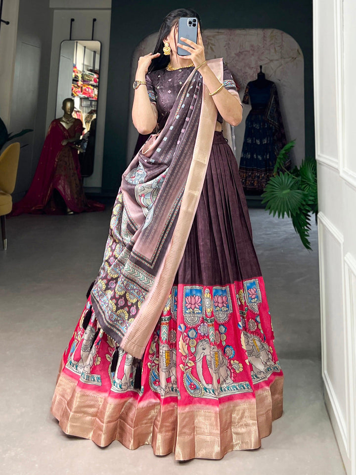 Marvelous Burgundy Kalamkari Printed Dola Silk Lehenga Choli