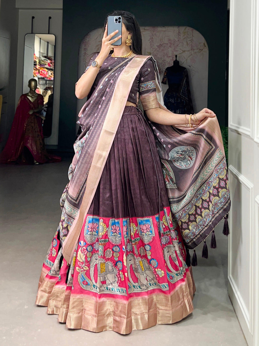 Marvelous Burgundy Kalamkari Printed Dola Silk Lehenga Choli