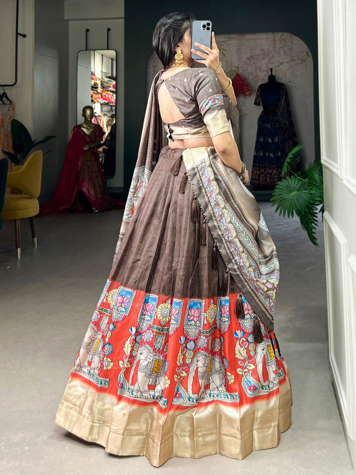 Amazing Brown Kalamkari Printed Dola Silk Navratri Lehenga Choli