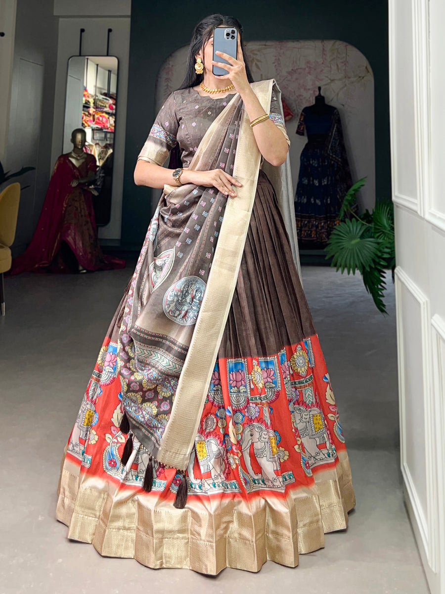 Amazing Brown Kalamkari Printed Dola Silk Navratri Lehenga Choli