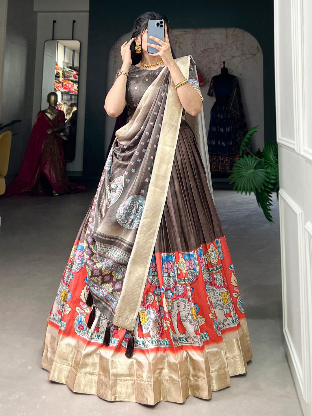 Amazing Brown Kalamkari Printed Dola Silk Navratri Lehenga Choli