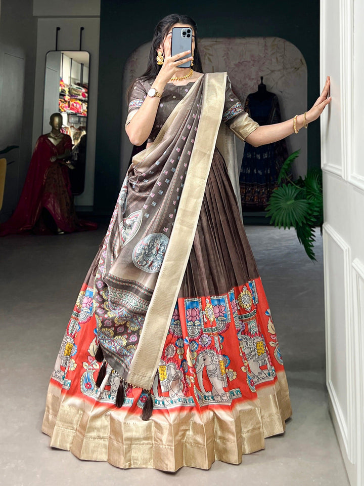 Amazing Brown Kalamkari Printed Dola Silk Navratri Lehenga Choli