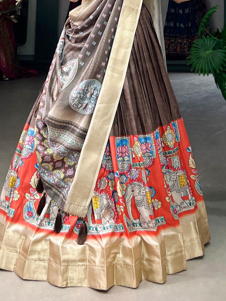 Amazing Brown Kalamkari Printed Dola Silk Navratri Lehenga Choli