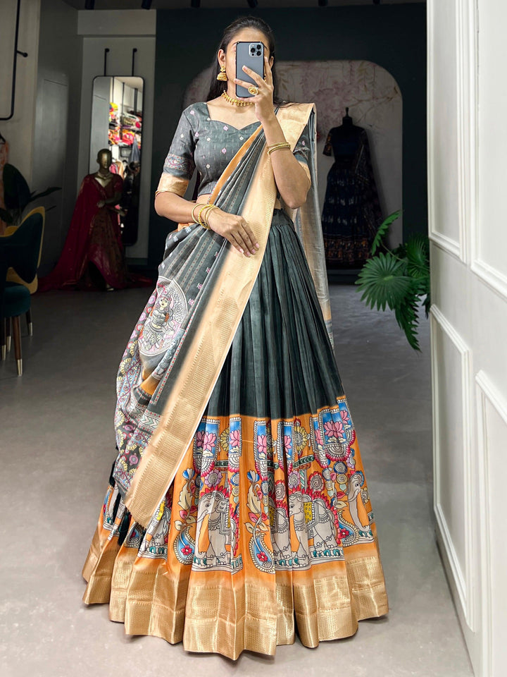 Lovely Sage Green Kalamkari Printed Dola Silk Traditional Lehenga Choli