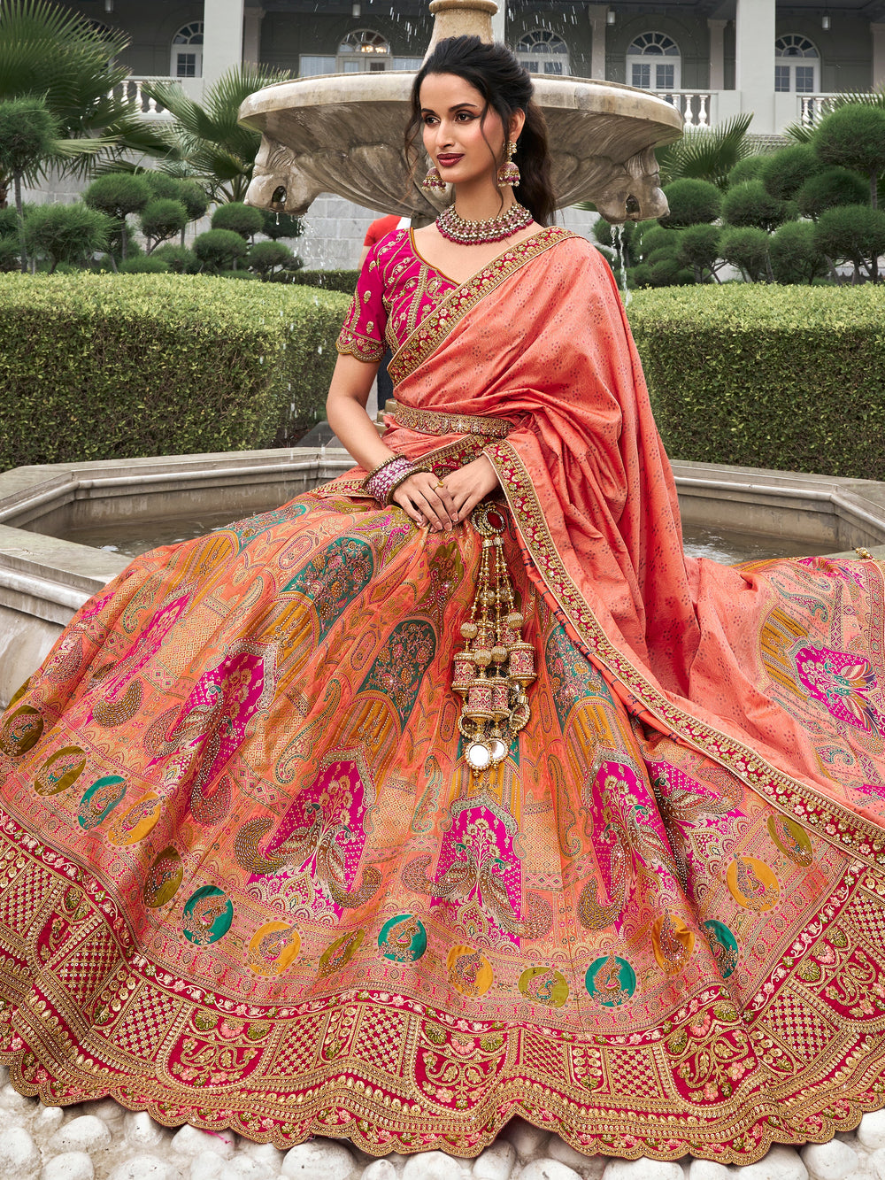 Astonishing Peach Zari Weaving Banarasi Silk Wedding Lehenga Choli