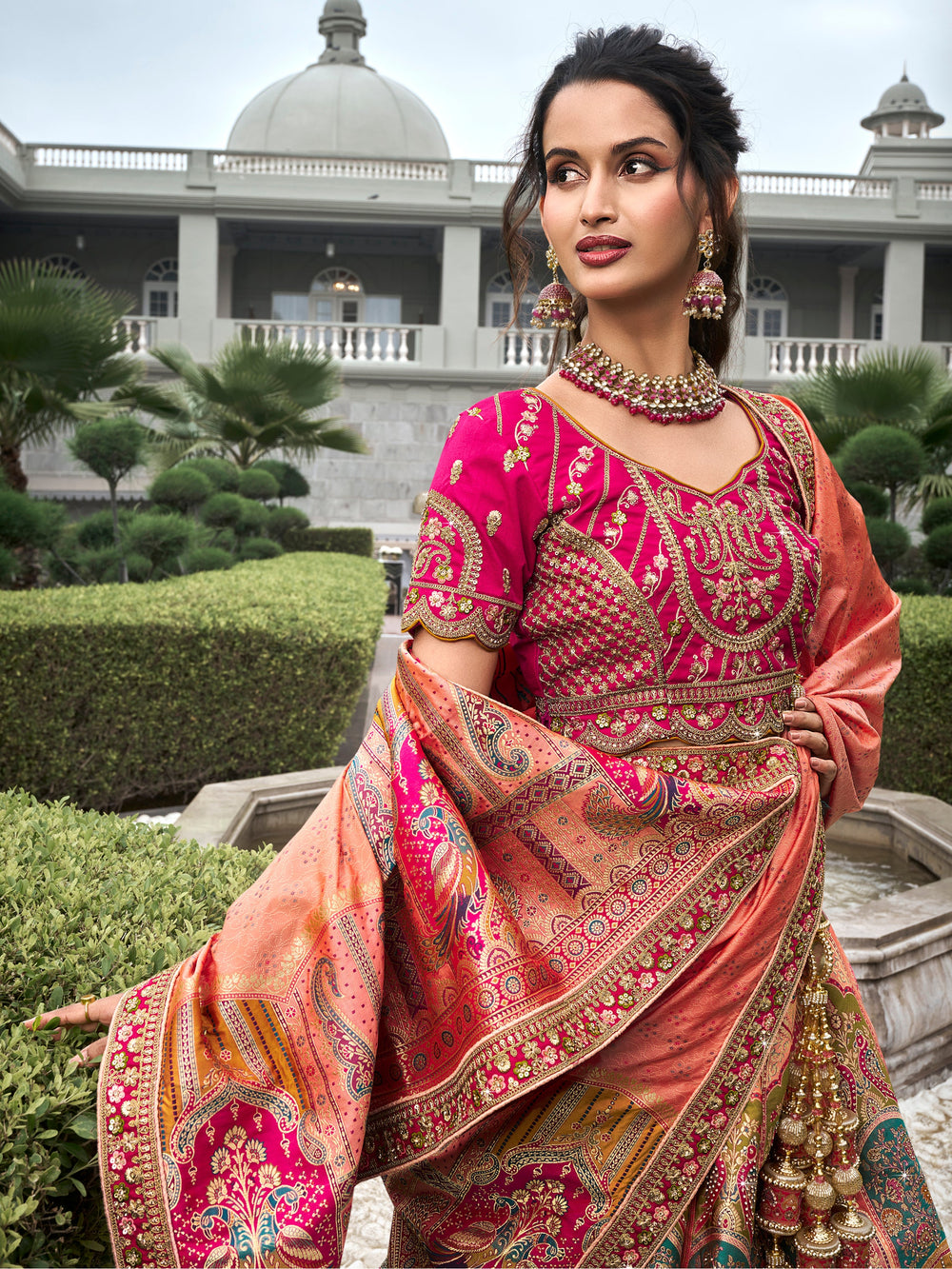 Astonishing Peach Zari Weaving Banarasi Silk Wedding Lehenga Choli