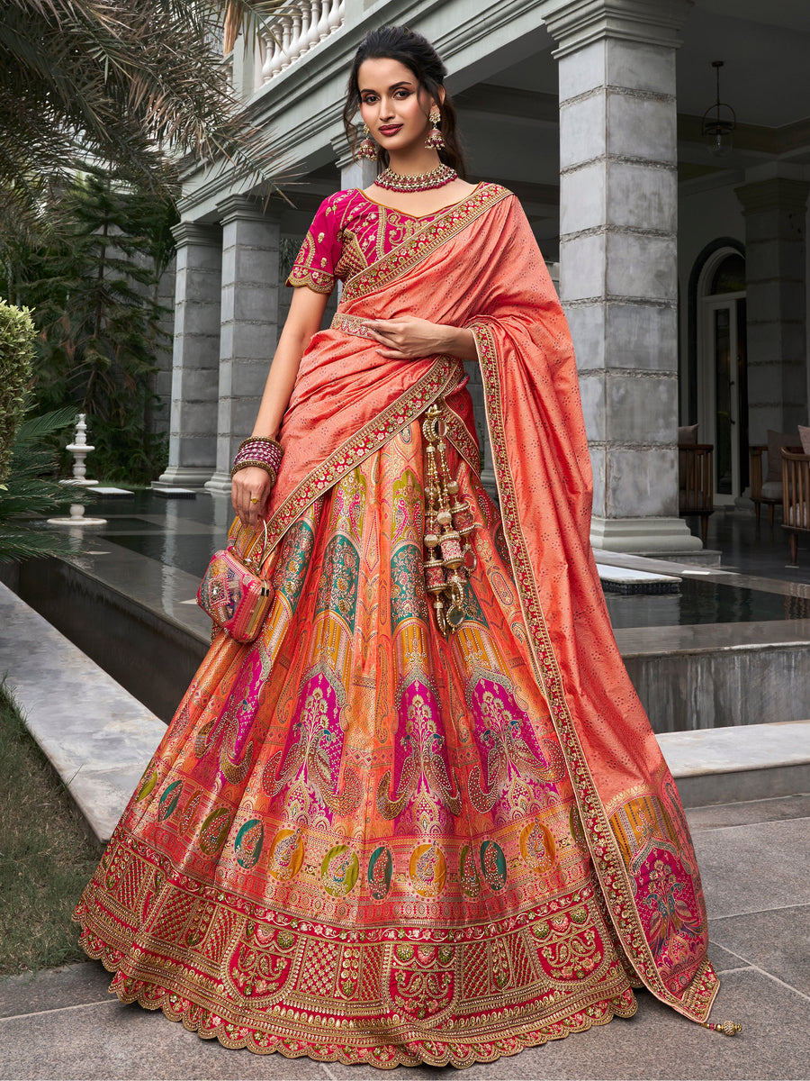 Astonishing Peach Zari Weaving Banarasi Silk Wedding Lehenga Choli