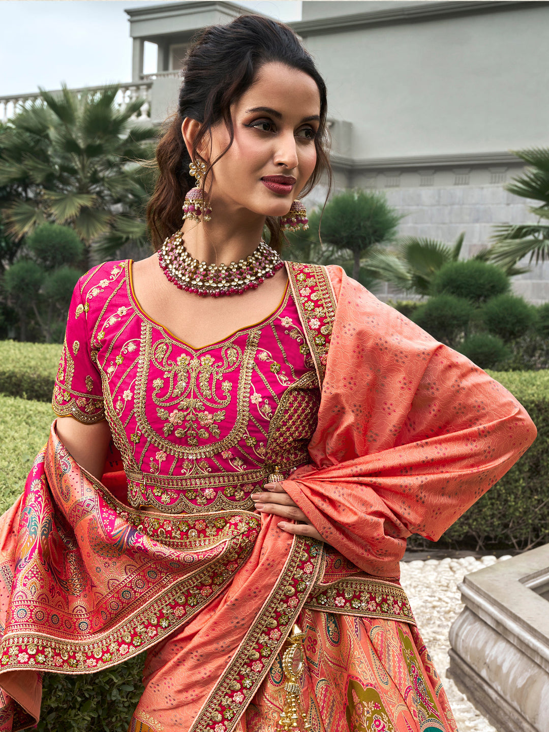 Astonishing Peach Zari Weaving Banarasi Silk Wedding Lehenga Choli