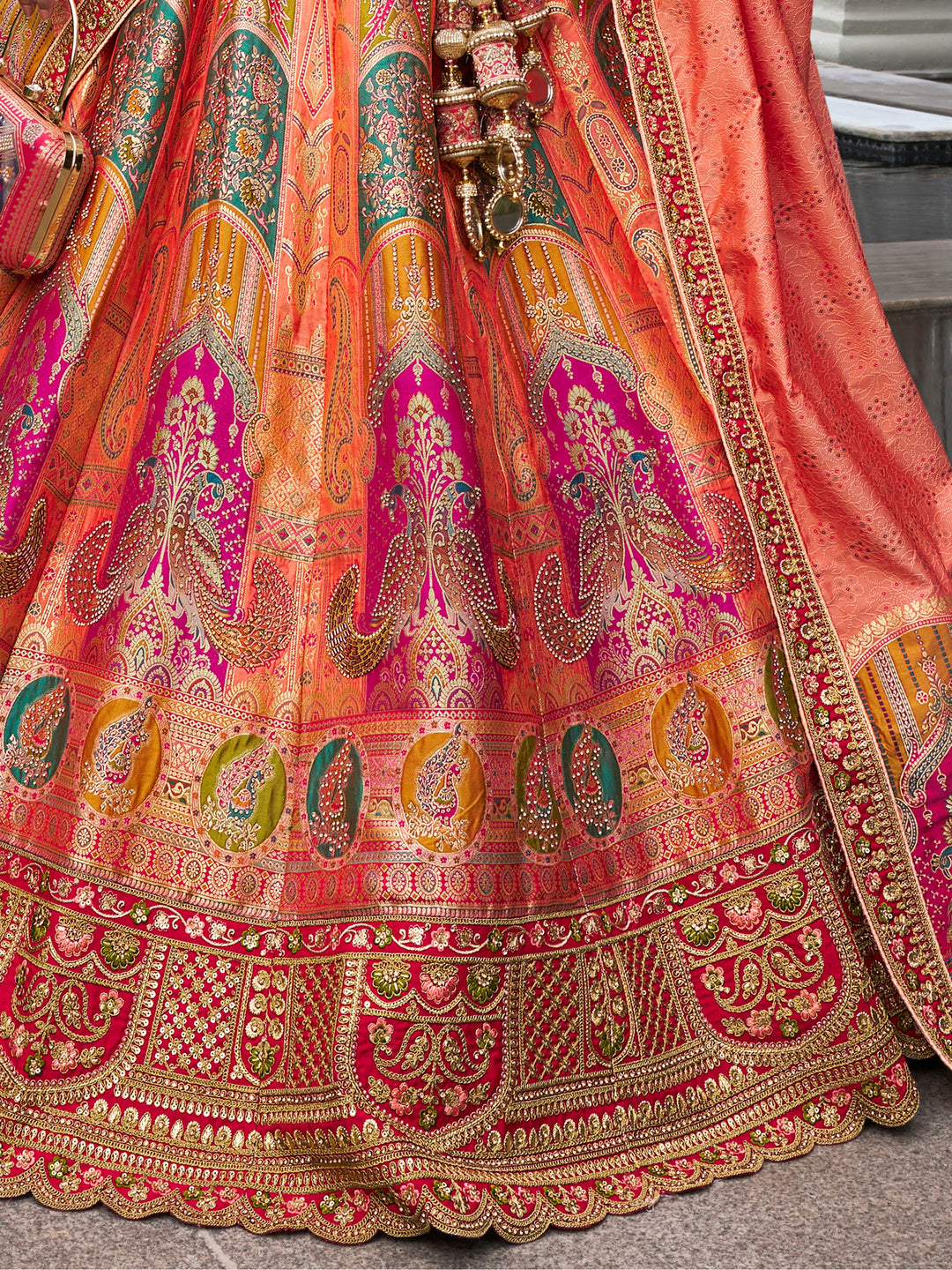 Astonishing Peach Zari Weaving Banarasi Silk Wedding Lehenga Choli