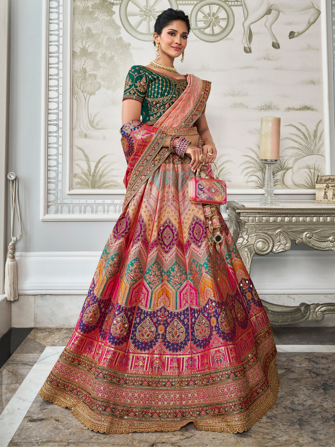 Lovely Multi-Color Zari Weaving Banarasi Silk Lehenga Choli With Dupatta