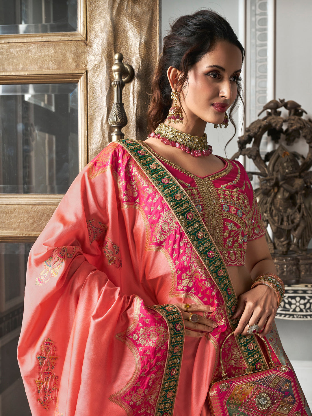 Charming Pink Zari Weaving Banarasi Silk Bridesmaid Lehenga Choli