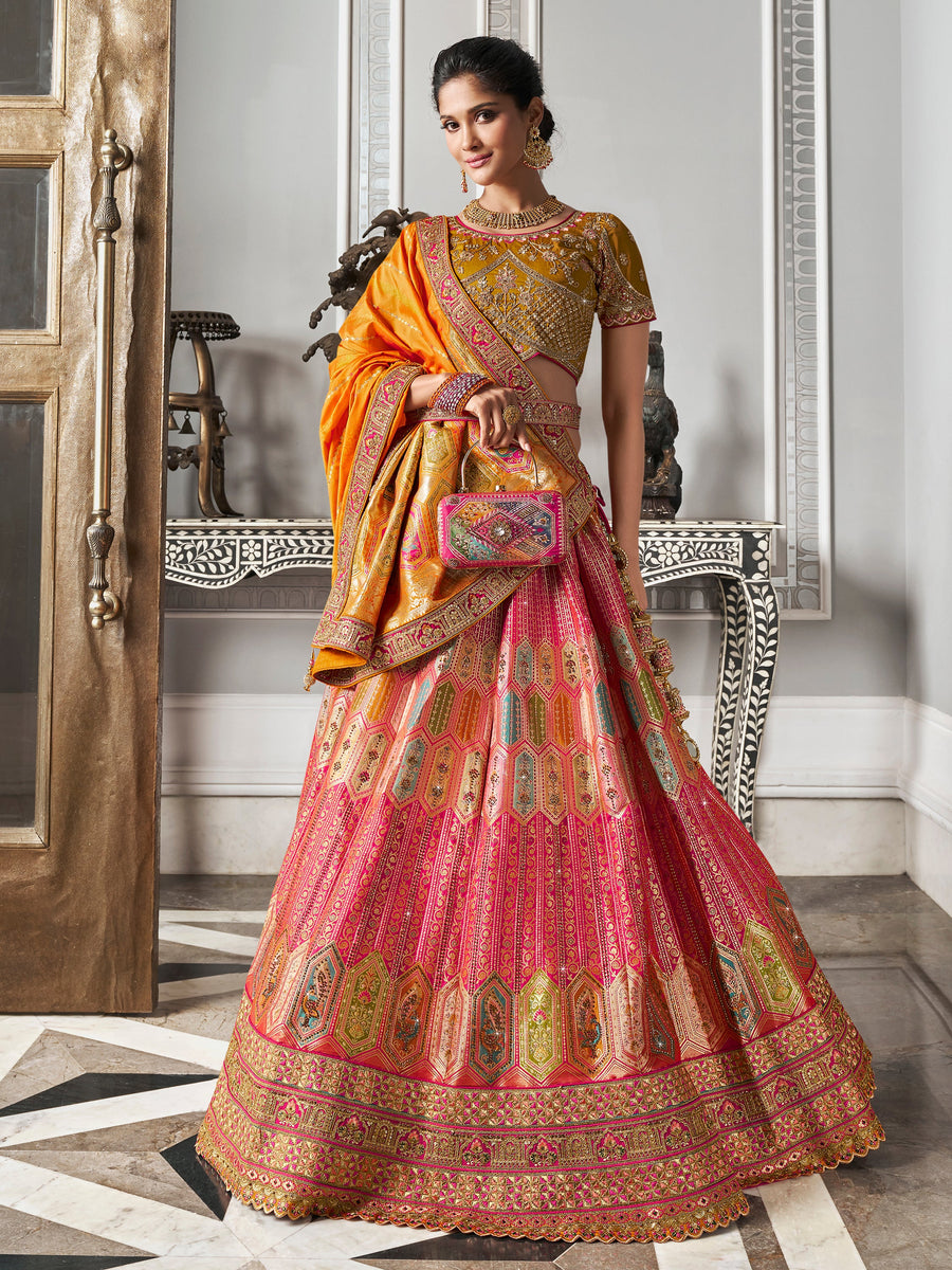 Alluring Pink Zari Weaving Banarasi Silk Wedding Wear Lehenga Choli