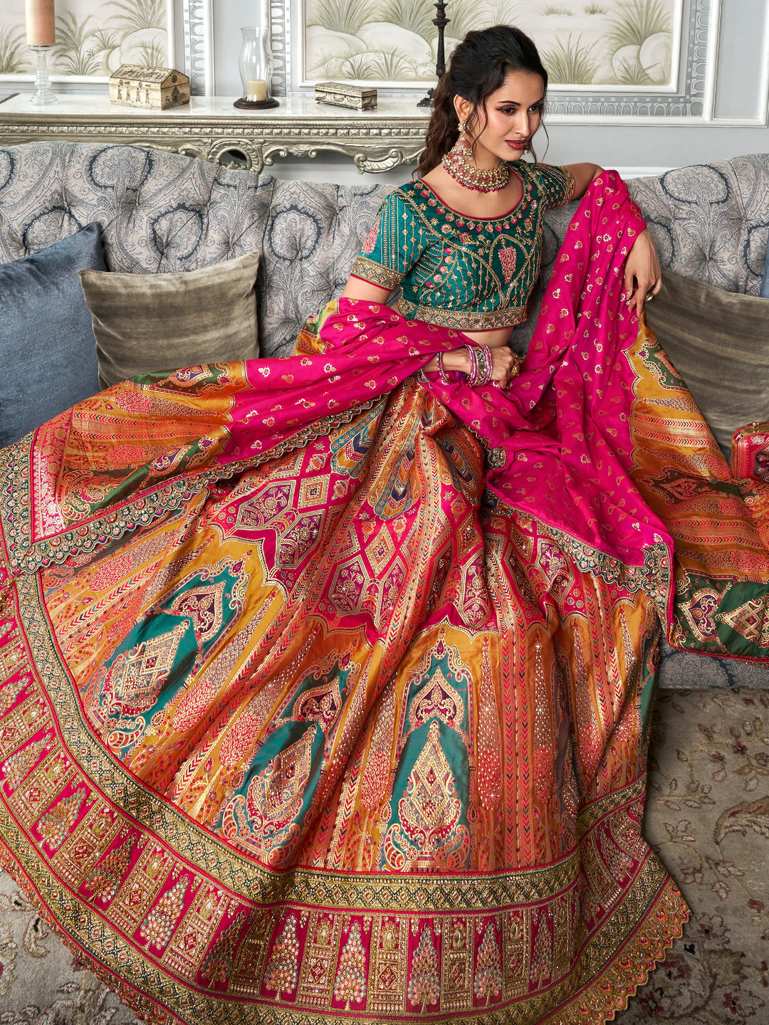 Fascinating Multi-Color Zari Weaving Banarasi Silk Lehenga Choli